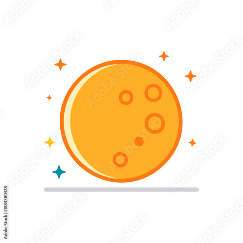Minimalist flat design of an orange planet with craters and starbursts a cosmic body in outer space in simple vector illustration