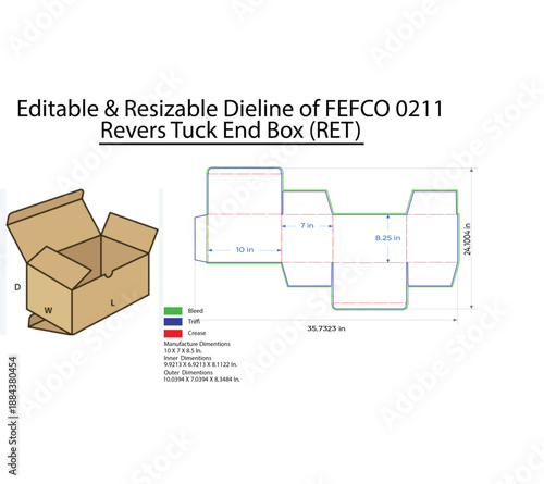Editable Resizable Dieline of F E F C O 0211 Revers Tuck End Box with Dimensions