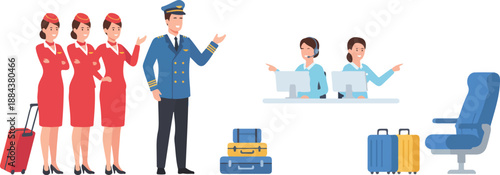 Diverse Aviation Professionals and Travel Essentials Depicted.