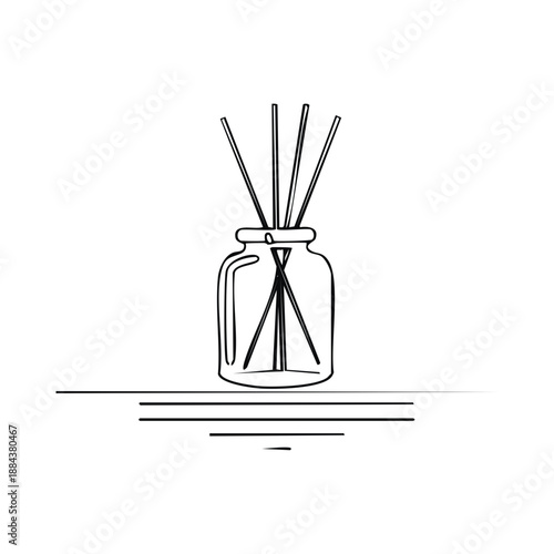 Outline illustration of aroma diffuser with bamboo sticks in bottle on table