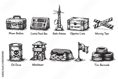 Hand drawn illustration depicting tactical base elements, including a briefcase, radio antenna, barricade and caution tape for use in design projects.