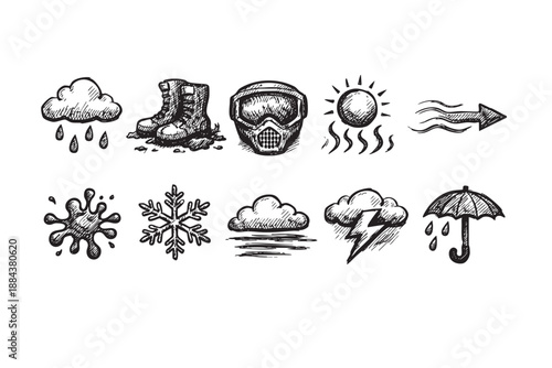 Black and white hand-drawn icons depicting different weather conditions and outdoor gear are featured on a white background, creating a rustic, graphic feel, ideal for designs and illustrations.