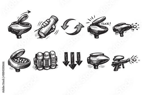 Black and white sketch illustration showing the process of refilling a paintball gun, from opening the loader, shaking the paintballs, and shooting the gun in action.