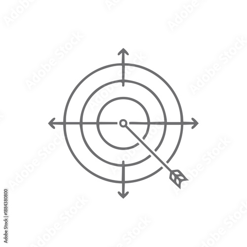 Grey arrow hits target center on white showing precision accuracy and aiming goal