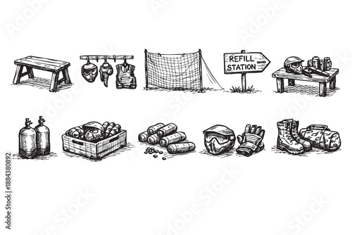 Black and white sketch illustration of paintball equipment, including tanks, masks, paintballs, netting, and refill station sign, creating a scene for paintball themes.