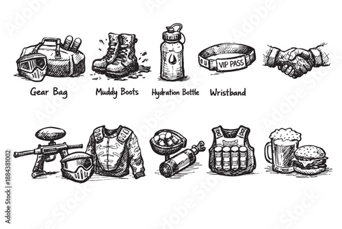 Black and white sketch illustration showcasing paintball equipment, clothing, hydration, and post-game celebration items on white.