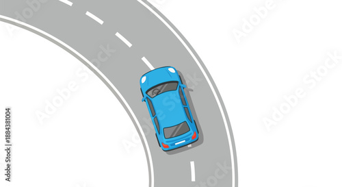 Blue car navigating a curved road with white dashed lines, viewed from above.