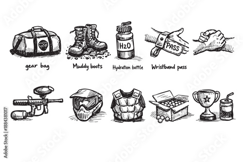 Hand drawn sketch of paintball equipment including a gun, mask, gear bag, and protective vest for a sport themed design or illustration.