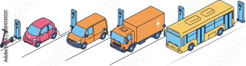 Electric vehicles charging at stations including scooter car van truck and bus.