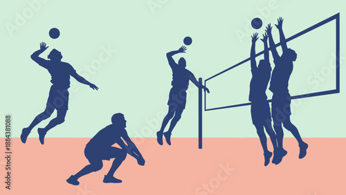 Volleyball players in action on the court with a net.