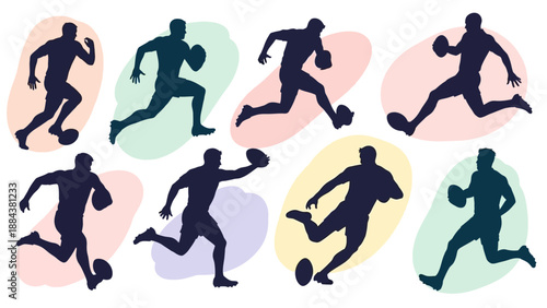 Silhouettes of men playing soccer in various dynamic poses.