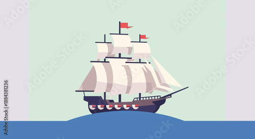 Vintage sailing ship with white sails on the ocean.
