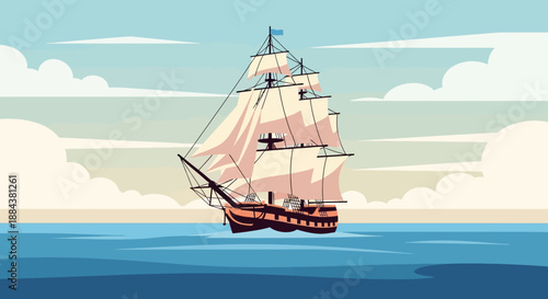 Sailing ship on the open sea with cloudy sky.