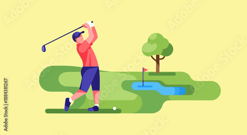 Man playing golf on a green course with a pond and tree.