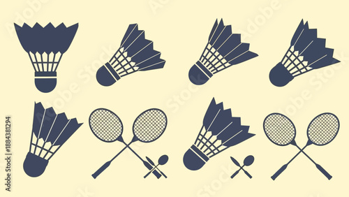 Set of Badminton Rackets and Shuttlecocks Icons.