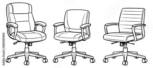 Line art office chair set featuring various modern designs of swivel chairs for workplace comfort