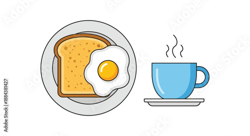 Simple breakfast of fried egg on toast with a steaming cup of coffee