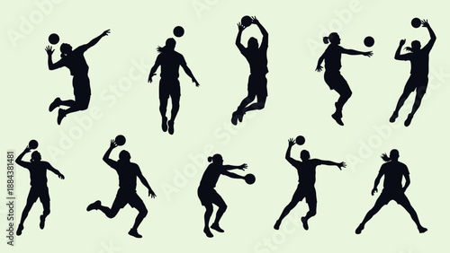 Silhouettes of people playing basketball in various dynamic poses.