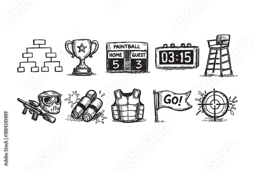 Hand-drawn paintball elements showcase the sport with equipment and accessories, great for promotional materials, logos, and illustrations of team tactics and game settings.