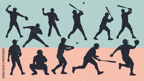 Silhouettes of baseball players in various dynamic poses.