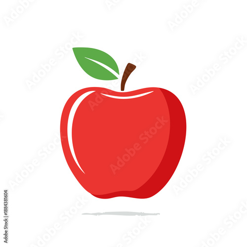 Bright Red Apple Graphic Illustration with Green Leaf and Brown Stem, Fresh Fruit, Healthy Eating Concept