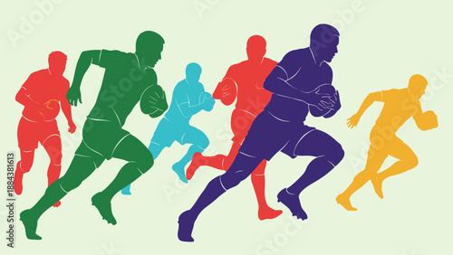 Colorful silhouettes of rugby players in action on a light background.