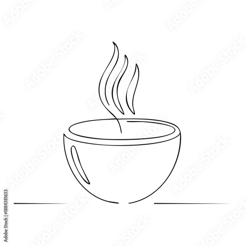 Minimalist Line Art Illustration of Steaming Bowl Contour Drawing of Hot Food or Soup