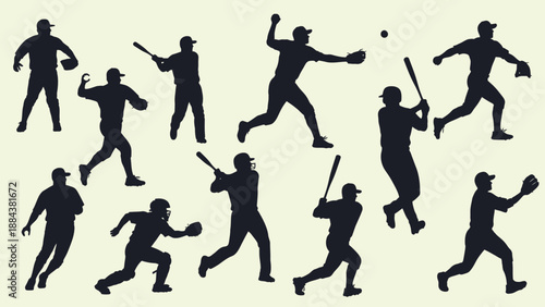 Collection of Baseball Players in Various Action Poses Silhouettes.