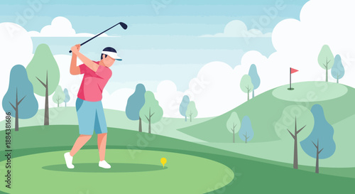 Man playing golf on a serene green course with trees and a flag in the distance.