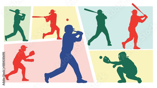 Colorful silhouettes of baseball players in various poses.