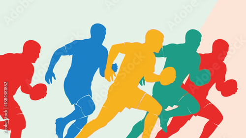 Colorful silhouettes of basketball players in action on court.