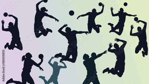 Group of Volleyball Players in Action Silhouettes.