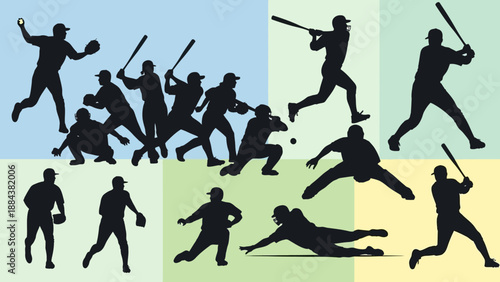 Collection of Baseball Players in Various Action Poses Silhouettes.
