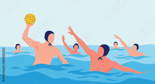 Men playing water polo in a swimming pool.