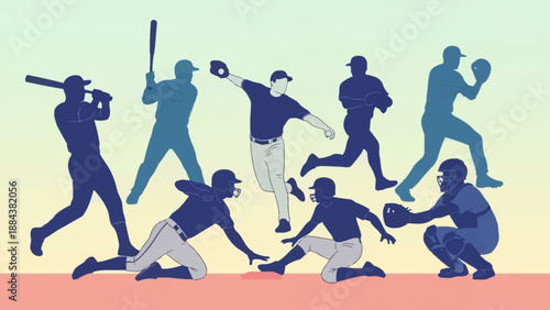 Baseball players in various dynamic poses, silhouetted against a gradient background.