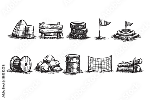 Hand-drawn style black and white illustration depicting various obstacle course elements. Ideal for designs needing a playful or sporty concept.