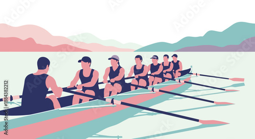 Team of rowers in synchronized motion on calm water with mountains in the background.