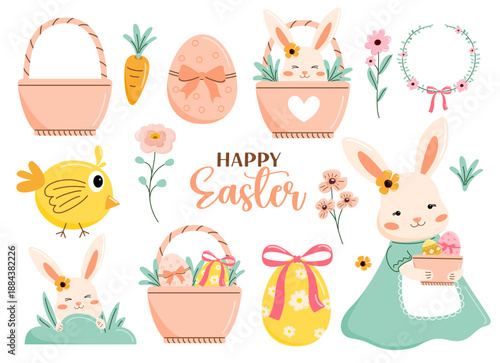 Cute pastel Easter clipart collection featuring adorable bunnies, decorated Easter eggs, baskets, flowers, carrots, and a little chick. The illustration is designed in a soft flat cartoon style.