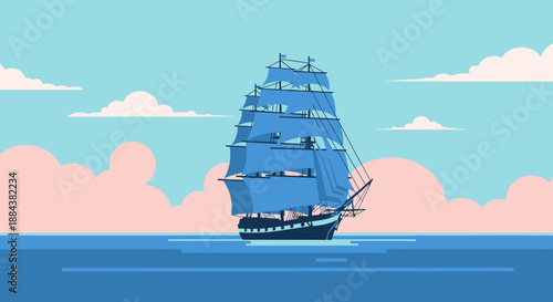 Sailing ship on calm blue ocean with fluffy clouds.
