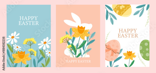 Set of Easter greeting cards featuring floral designs and bunny silhouettes. The pastel color palette features soft blues, yellows and greens. poster design clipart