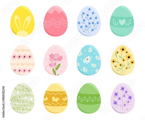 A collection of colorful Easter eggs with different patterns and designs. easter eggs with flowers and bunny clipart. 
