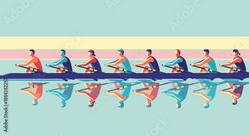 Rowing Team in Synchronized Motion on Calm Water.