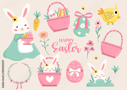 Cute pastel Easter clipart collection featuring adorable bunnies, decorated Easter eggs, baskets, flowers, carrots, and a little chick. The illustration is designed in a soft flat cartoon style.