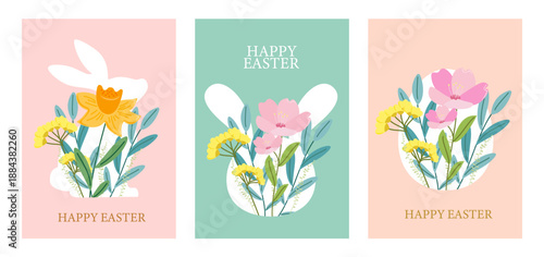 Easter greeting cards set featuring floral designs and bunny silhouettes and egg on soft pink and blue background. easter clipart set