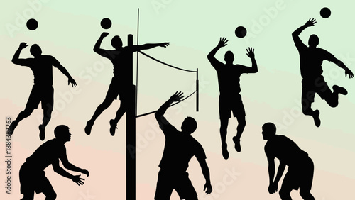 Silhouettes of volleyball players in various dynamic poses.