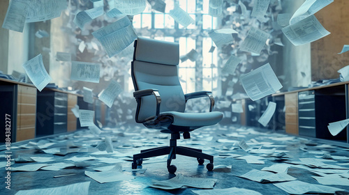 An office chair stands in the middle of an office, with sheets of paper flying around it in a chaotic manner, creating a sense of disorder and stress; the concept of burnout, quitting a job.