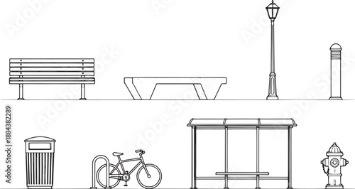 Urban elements meticulously rendered in a line drawing, showcasing common street furniture and architectural features.