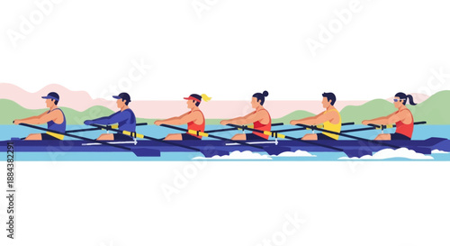 Group of rowers in a boat on the water with oars.