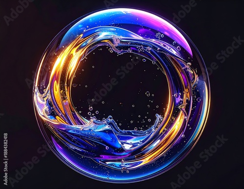 A vibrant, abstract depiction showcasing a ring-shaped formation. The image features water and light, in a glowing display