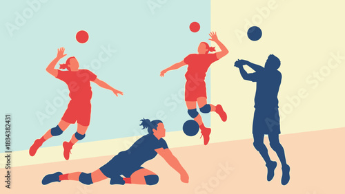 Volleyball players in action on the court with colorful illustration.